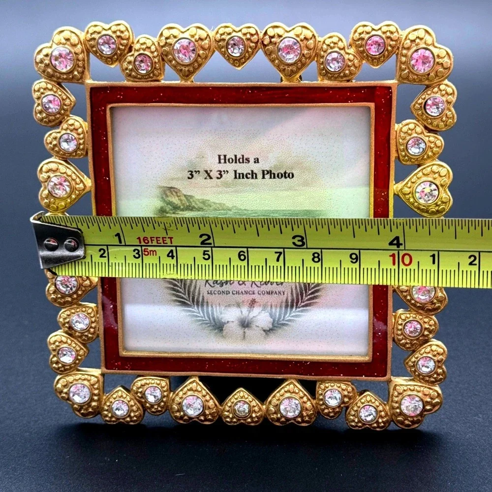 Heart‎ Rhinestone Picture Frame Unisex 3x3 Gold Red Romantic Ornate Coastal Glam